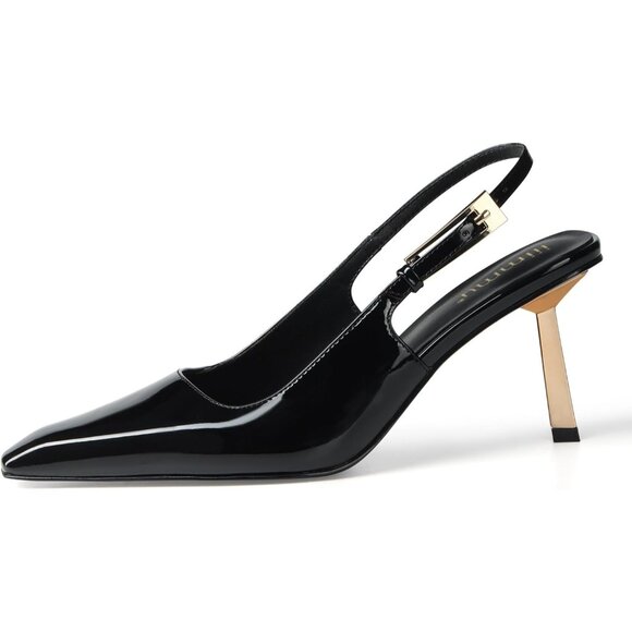 Women Black Closed Toe 3.5 in Kitten Heels Pumps Square Toe Heeled Sandals - Picture 1 of 7